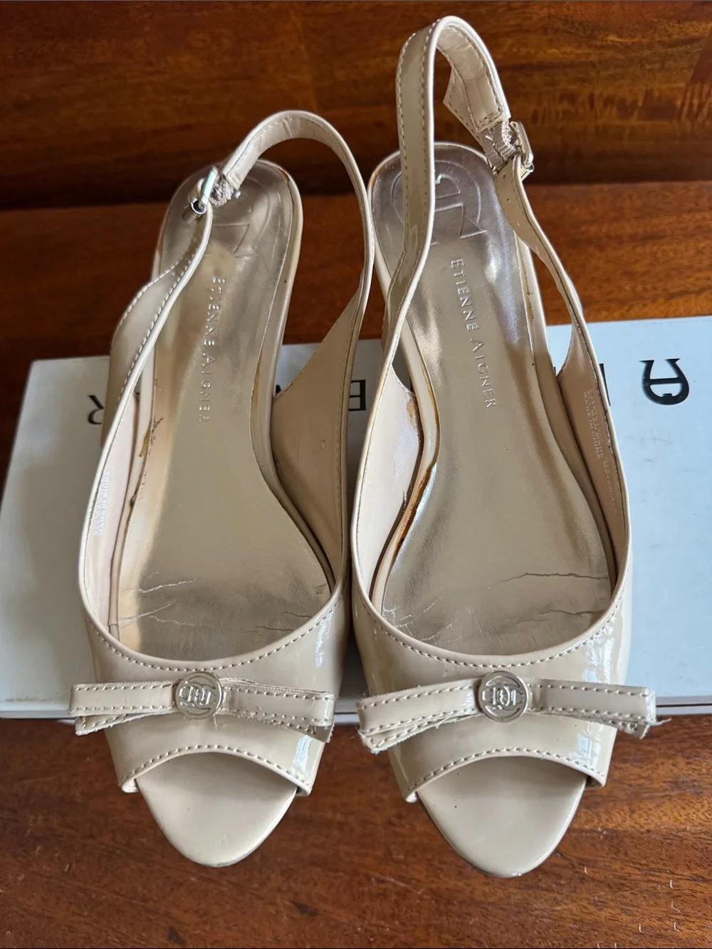 Etienne Aigner Women's Nude Beige Patent Slingback Peep-Toe Wedges
